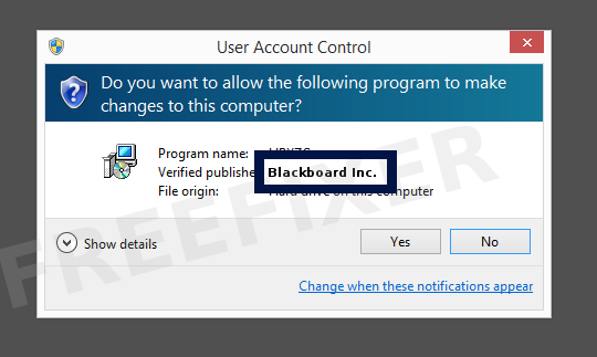 Screenshot where Blackboard Inc. appears as the verified publisher in the UAC dialog
